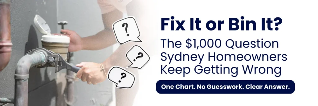 A person using a wrench on plumbing near a water meter, discussing home repair decisions for Sydney homeowners.