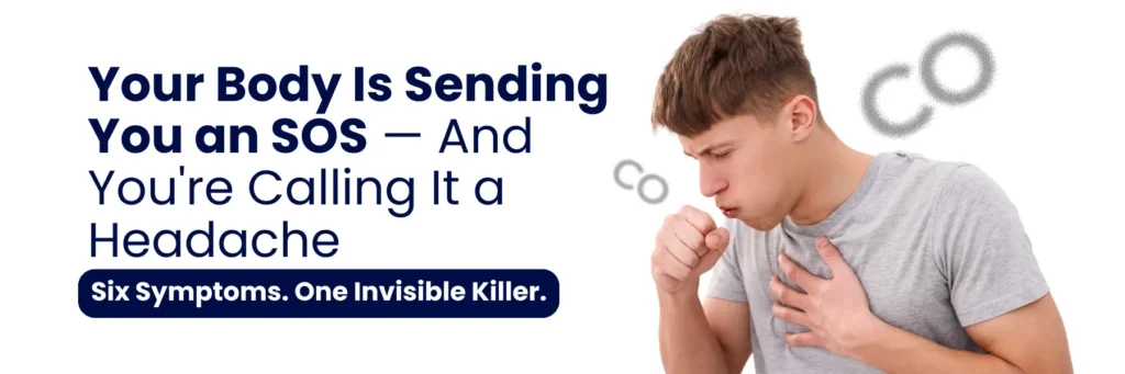 A person in a gray shirt holds their chest, suggesting discomfort. Text highlights symptoms of a serious health issue.