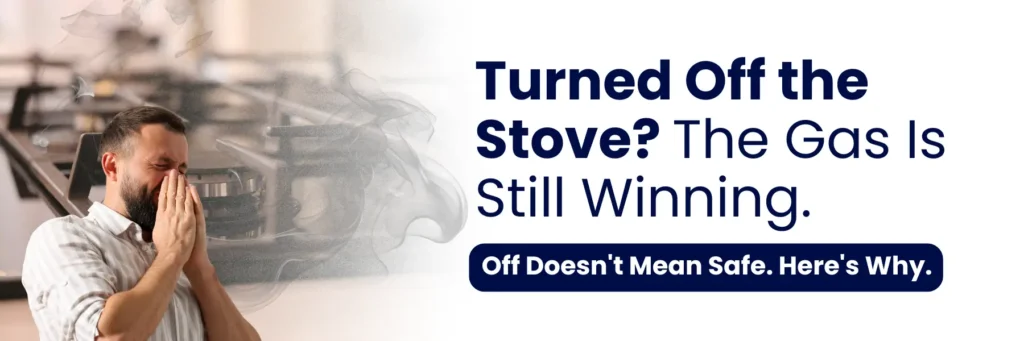 A person looks concerned with hands clasped near a stove, promoting safety regarding gas appliances and emphasises gas related hazards.