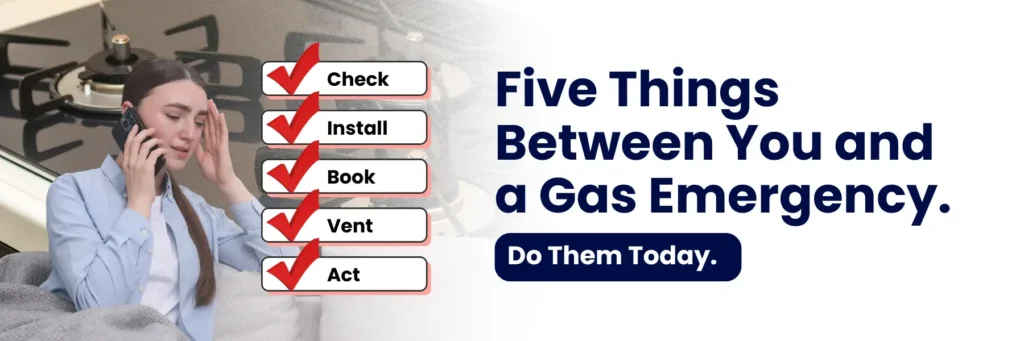 A person on the phone sits on a couch beside a gas stove, with a checklist of safety tasks displayed alongside Check, Install, Book, Vent, Act.