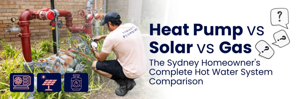 A plumber inspects outdoor water pipes while comparing heat pump, solar, and gas hot water systems for Sydney homeowners.