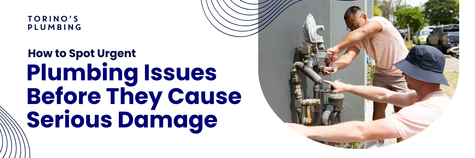 Two individuals in matching shirts examine plumbing equipment outdoors, highligting tips for identifying urgent plumbing issues.